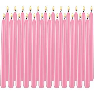Pink Taper Candles, Set of 24 Unscented and Smokeless 10 Inch Taper Candles Long Burning, Paraffin Wax with Cotton Wicks for Burning Approxinately 7-8 Hours Time
