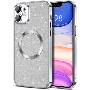 Hython for iPhone 11 Case Glitter, Clear Magnetic Phone Cases with Camera Lens Protector [Compatible with MagSafe] Bling Sparkle Plating Soft TPU Slim Shockproof Protective Cover Women Girls, Silver