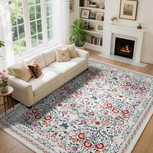 Area Rug Living Room Rug, 8X10 Rugs for Living Room Floral Boho Low Pile Super Soft Washable Rug, Stain Resistant Indoor Floor Non-Slip Carpet for Bedroom Bedside Dining Room Kitchen, Beige and Red