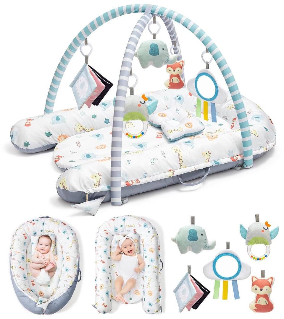Baby Play Mat, 7-in-1 Infant Gym Mat for Sensory and Motor Development, Washable & Portable Newborn Tummy Time Activity Mat for Home & Travel, Babies Gift for 0-3-6-9-12-18 Months (Blue)
