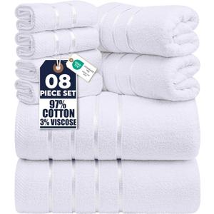 Utopia Towels 8 Piece Luxury Towel Set, 2 Bath, 2 Hand, and 4 Wash Cloths, 600 GSM Ring Spun Cotton, Highly Absorbent Viscose Stripe Towels, Ideal for Everyday use, White (27 x 54 inch; 2 hand towels, each measuring 16 x 28 inch and 4 washcloths, each measuring 12 x 12 inch)