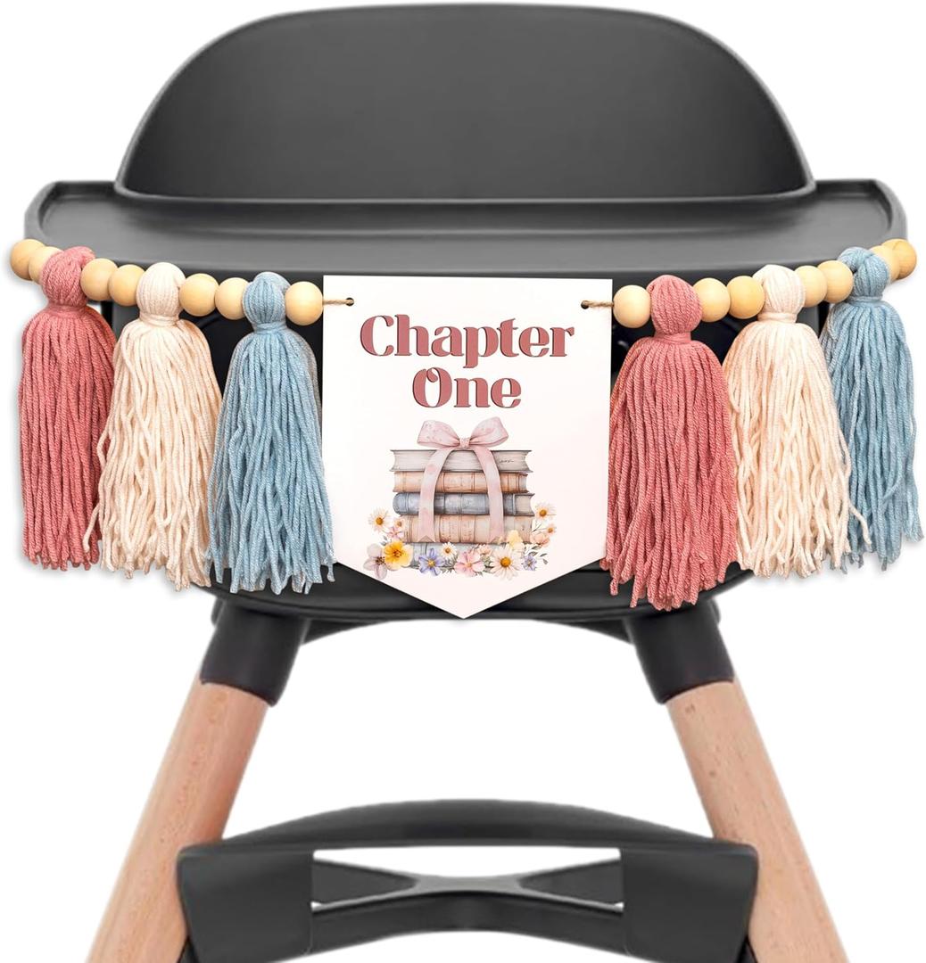 Upfirst Chapter One Highchair Banner - Storybook 1st Birthday Decorations Sign Banner,Wildflower Book Theme Tassel Banner,Anniversary Photo Background Props