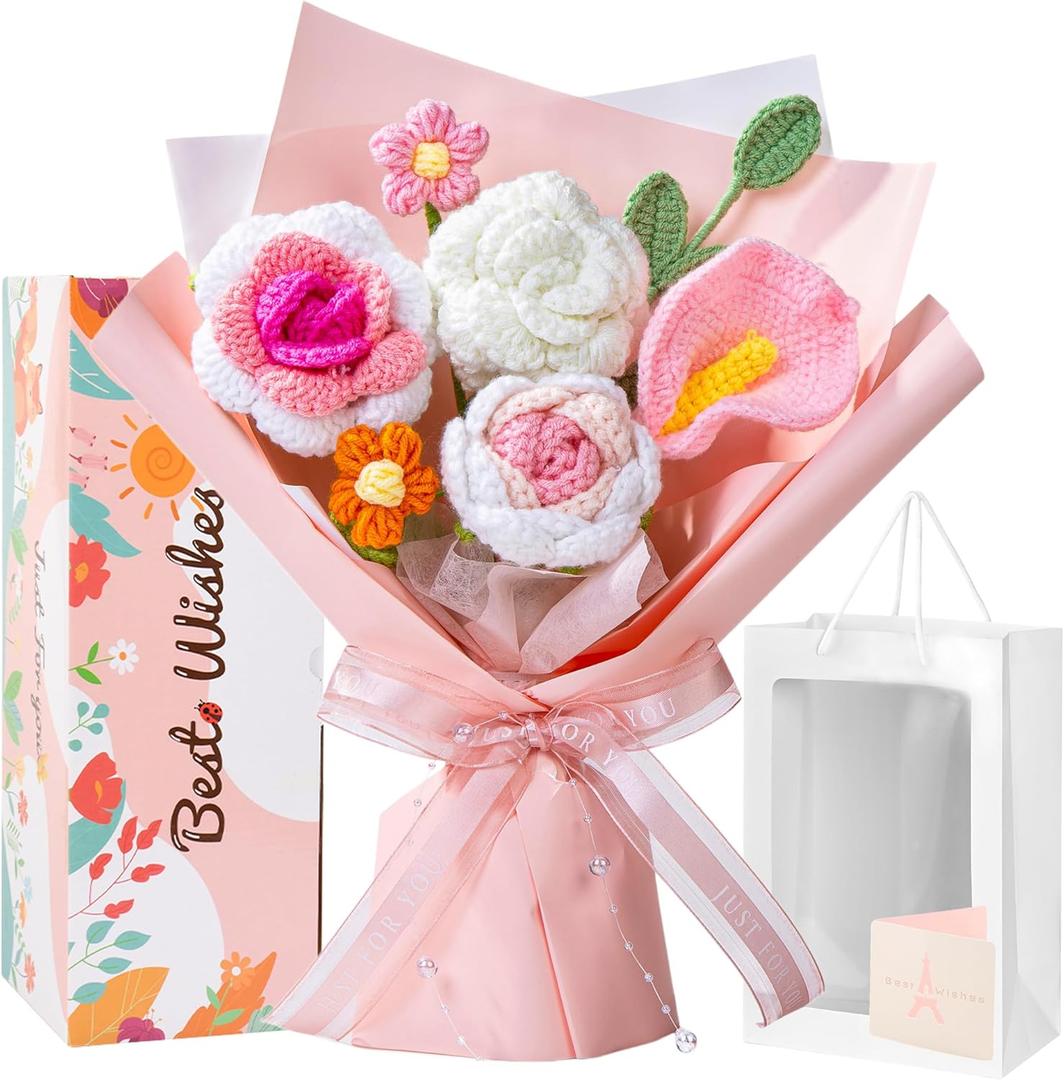 Crochet Flower Bouquet Pink, Handmade Crochet Flowers Bouquet, Knitted Floral Gift for Her, Mothers Day Birthday for Women Wife Mom Girlfriend with Gift Box Bag and Card