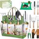 Garden Tools 9-Piece Heavy Duty Gardening Hand Tools with Floral Organizer Tote Bag, Rust-Proof Garden Tool Set, Thickened Repotting Mat, Gardening Gifts for Women Mom, Green