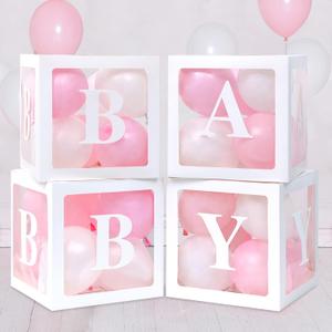 RUBFAC Baby Boxes for Baby Shower Decoration with 8 Letters and 36 Balloons 4pcs Clear Balloon Boxes BABY Blocks for Girls Birthday Party Decorations(Pink)