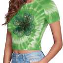 Shamrock St Patricks Day Shirt Women Green Tie Dye Cropped Tops, Irish Shamrock Clover St. Patricks Day Baby Tee for Womens Funny Tee Top, Large