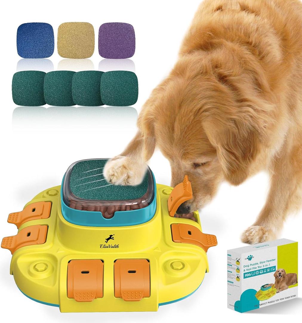 Dog Puzzle, 3-in-1 Dog Toy: Interactive Dog Toys, Puzzle, Slow Feeder Dog Bowls & Nail File Yellow