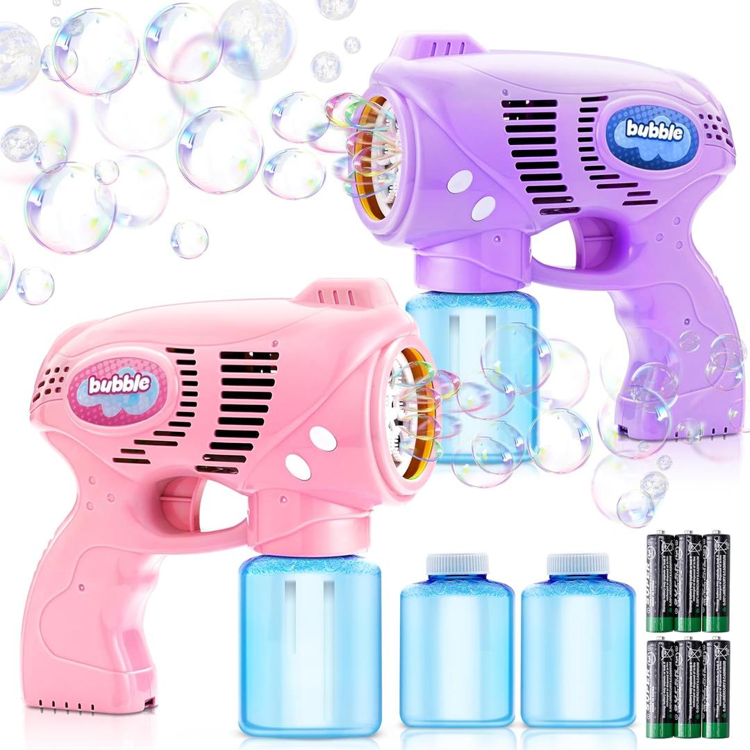 JOYIN 2 Bubble Guns with 2 Bottles Refill Solution, Bubble Machine Gun for Kids, Toddlers, Party Favors, Summer, Outdoors Activity, Wedding, Easter, Birthday Gift (Pink+purple)