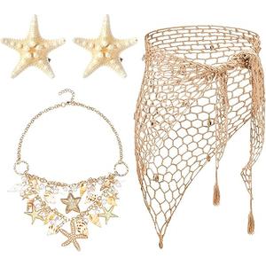 4 Pcs Mermaid Costume for Women Mermaid Crochet Skirt Swimwear Cover up Beach Necklace Starfish Hair Clip