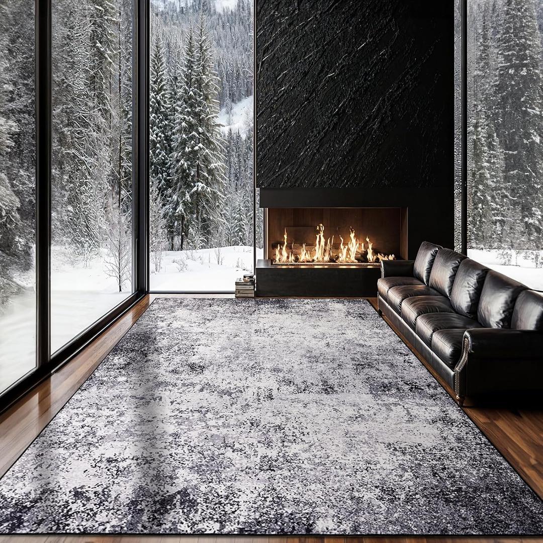 Rwlvpe Washable Rug 9x12 Area Rugs for Living Room,Non Slip Stain Resistance,Modern Abstract Rug for Bedroom, Durable & Ultra-Thin Vintage Large Area Rug(Black, 9'x12')