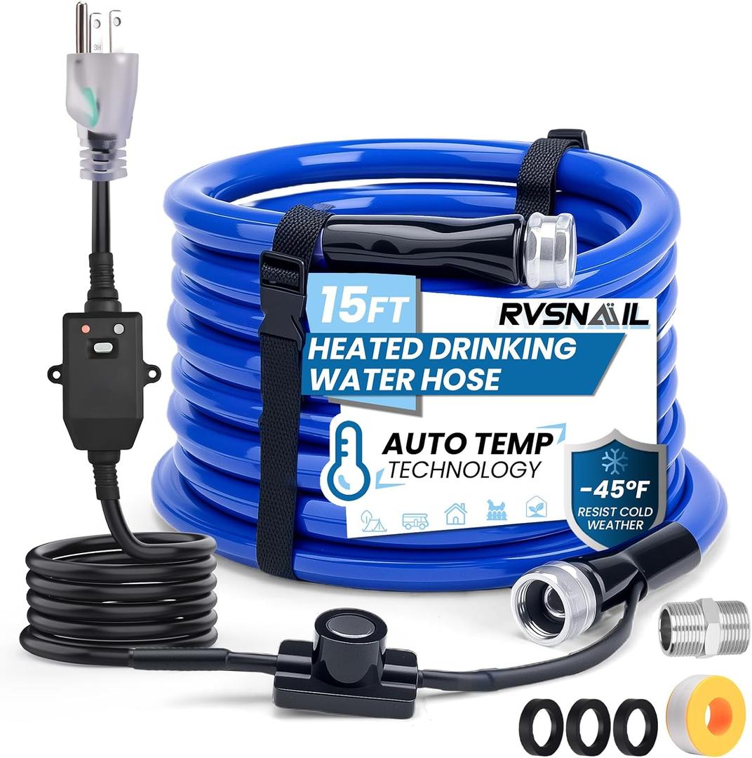 15FT Heated Water Hose for RV, Heated Drinking Water Hose Freeze Protection Down to -45F, Lead and BPA Free, Smart Temperature Control, Ideal for RV, Camping, and Home