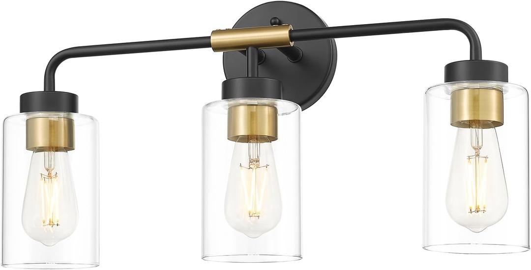 zeyu 3-Light Farmhouse Vanity Lights for Bathroom, 21 Inch Industrial Bath Wall Light Fixtures with Clear Glass Shade, Black and Gold Finish, ZS62B-3W BK+BG