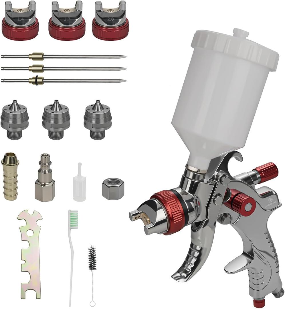 LIHAISHENG HVLP Spray Gun with 1.4/1.7/2.0mm Stainless Steel Nozzles 600ml Gravity Feed Paint Cup Adjustable Flow Control for Car Furniture Wall Painting