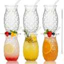 Set of 6 Pineapple Drinking Glasses, 17 Oz Clear Pina Colada Glass with Straws, Retro Relief Pineapple Cups Glassware Set for Cocktail, Juice, Water, Milk