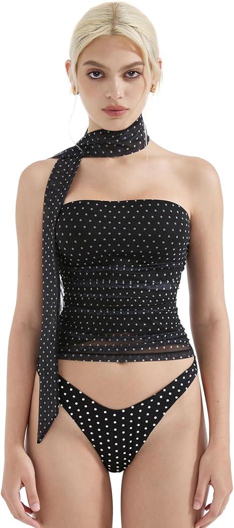 SUUKSESS Women Ruched Strapless Mesh Tube Top Y2k Sleeveless Bandeau Tank Tops with Scarf 2025, XS