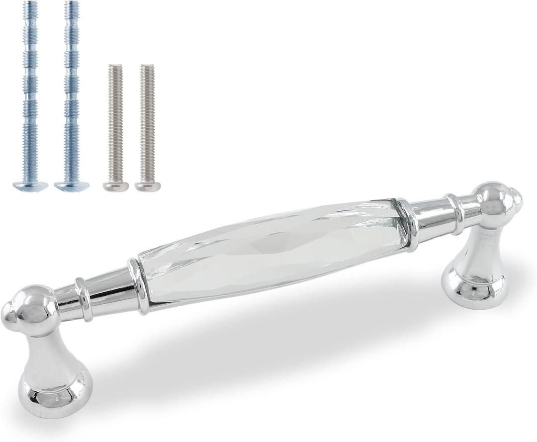 Uenhoy 4 Pcs Crystal Cabinet Pulls Handles 5 Inch Hole Spacing Chrome Silver Glass Handle Pulls Modern Crystal Drawer Pulls Bar Cabinet Pulls