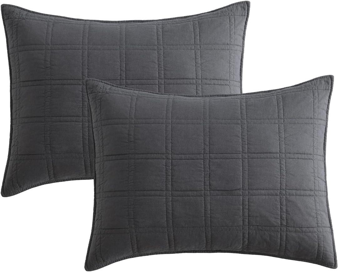 HORIMOTE HOME 100% Cotton Quilted Pillow Shams King Size, Charcoal Pre-Washed 2 Pack 20" x 36" Cozy Pillowcases, Breathable Stitching Pillow Cases Cover Decorative for Bed in Geometric Pattern