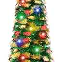 5Ft Pop Up Christmas Tree with Lights, Collapsible Pencil Tree Green Gold, Skinny Christmas Tree Slim Xmas Tree, Artificial Tinsel Tree Foldable for Home Apartment Holiday Party Winter Decor