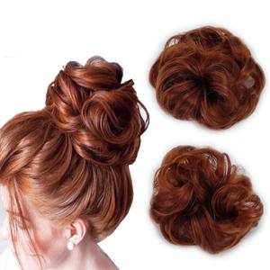 iLUU 2pcs Copper Red Messy Hair Bun Extensions Orange Red Synthetic Hair Scrunchie Scrunchy Updo Chignons Fire Color Hairpiece for Women Girl Lady Party Cosplay (#350)