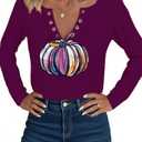 Thanksgiving Shirts for Women Pumpkin Graphic V Neck Long Sleeve Shirts Halloween Fall Pullover Tops Party Tee (Medium, Purple)