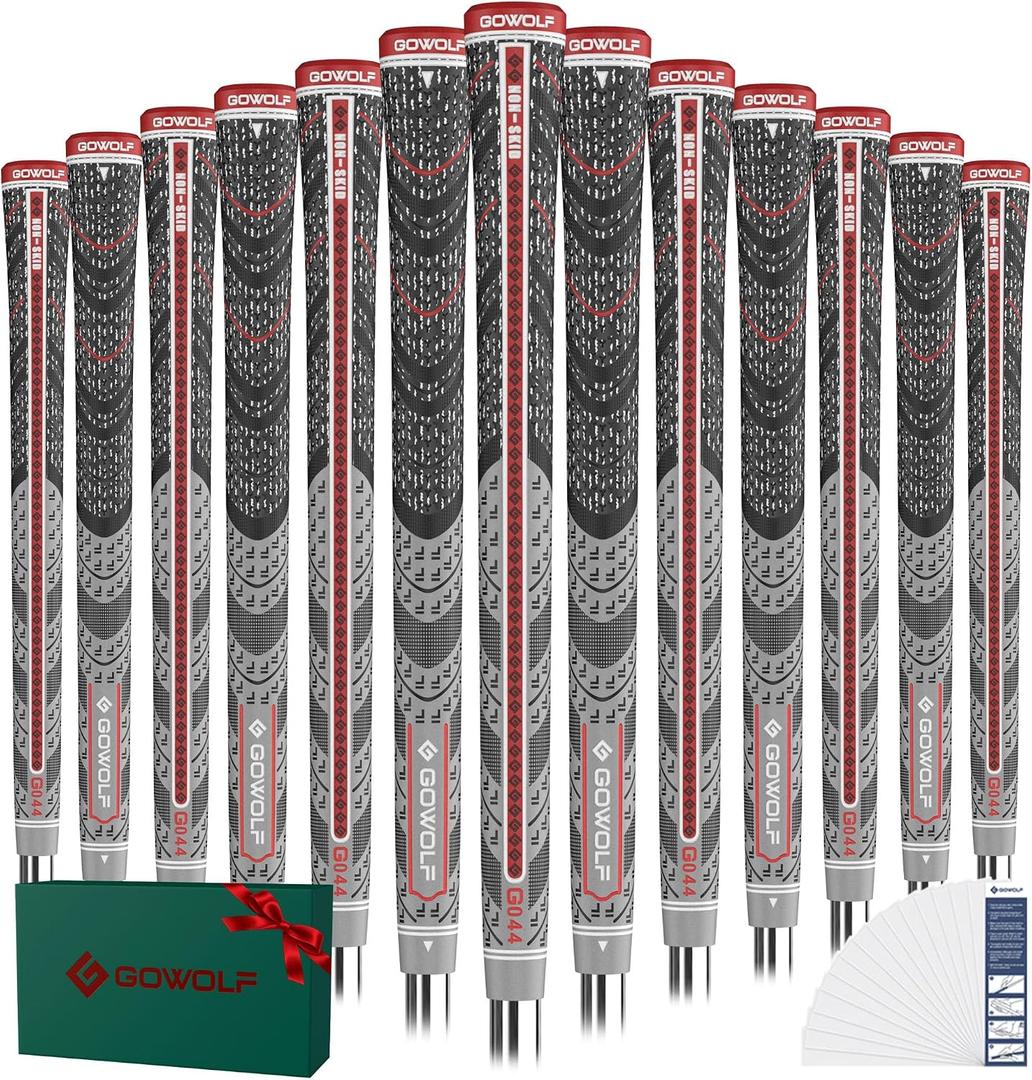 Gowolf Premium Cross Corded Natrual Rubber Golf Grips 13 Pack, Back Rib Improved Control Multi-compound Hybrid Golf Club Grips with 15pc Tapes or Full Kits