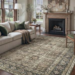 PureCozy Vintage Area Rug 8x10 Brown Washable Living Room Large Carpet Non Slip Bedroom Indoor Office Low Pile Traditional Distressed Retro Accent Rug for Dining Room