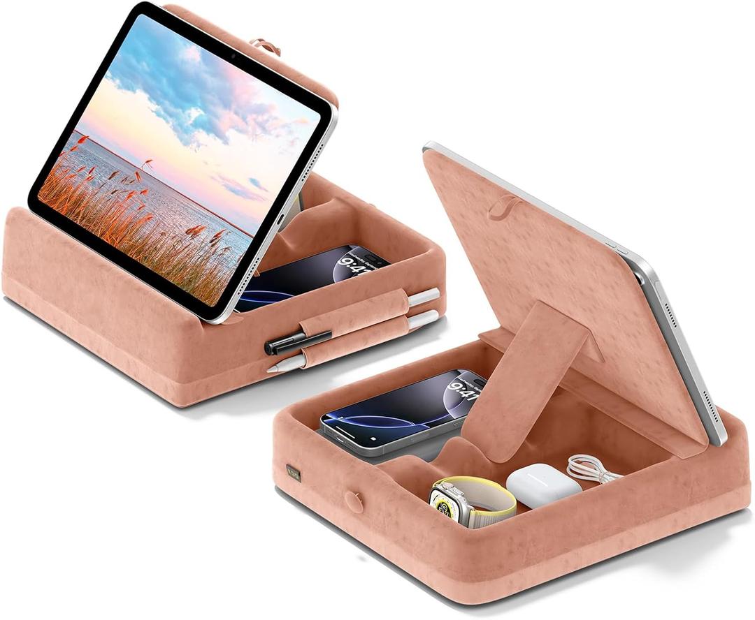 KDD Tablet Pillow Stand with Storage, Foldable iPad Holder for Bed, Lap and Desk, Angle Adjustable Soft Pad Dock with Stylus Mount Compatible with iPad Pro 12.9, 10.5, 11, Air, Mini, Phones, Books (Peach Fuzz)