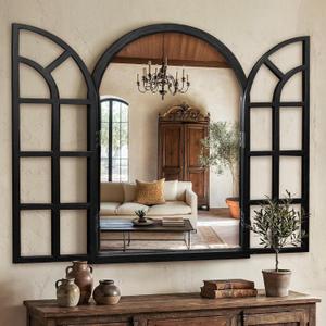 TRAHOME Arched Windowpane Mirror, 28"x40" Black Wood Frame Rustic Farmhouse Wall Mirror, Vintage Decorative Window Mirror for Living Room, Entryway, Bathroom