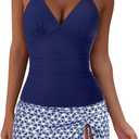 SUUKSESS Women Tummy Control Tankini Swimsuit Sexy Halter Bathing Suit 2 Piece (X-Large, 147 Navy Blue Star)