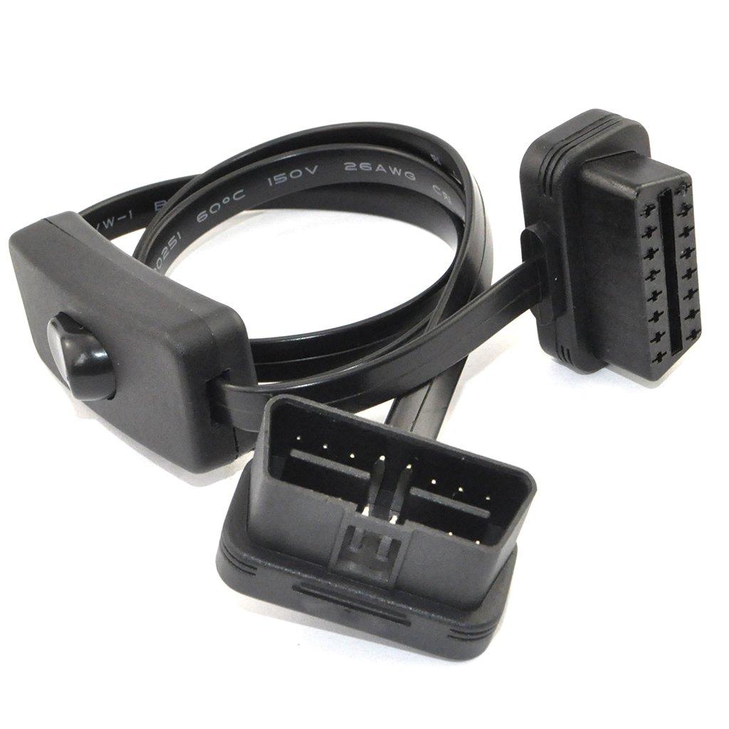 OBD 2 Cable Cord,Ultra Slim 16 pin M/F OBDII Extension Cable with Power Switch,Diagnostic Flat Cord Adapter Connector,70cm / 2.3feet Black