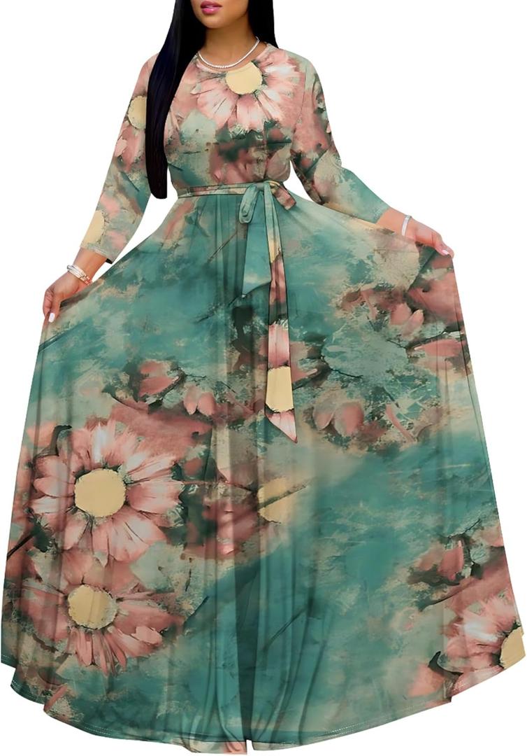SUZONANA Plus Size Maxi Dresses for Curvy Women Floral Print Dress 3/4 Sleeve Crewneck Floor Length with Belt (Large)