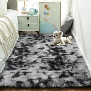 Ophanie Ultra Soft Fluffy Area Rugs for Living Room, Luxury Shag Rug Faux Fur Non-Slip Tie-Dyed Floor Carpet for Bedroom, Kids Room, Baby Room, Girls Room, and Nursery, 4x5.3 Feet Black/Grey (OP575) (4' x 6', 9- Tie-dyed Black & Grey)