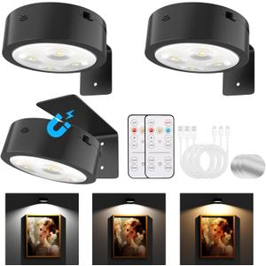 Picture Lights for Wall, Rechargeable Battery Operated Wireless Magnetic Painting Lights with Remote Dimmable and Timer, Wall Decor Lights with 3 Lighting Modes for Art Display (Black, 3Pack)