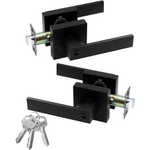 JO.KO Entry Door Lock Set, Square Door Lever for Bedroom, Passage Door Privacy Locking Interior/Exterior Entry Door Knob/Heavy Duty (2 Pack, Matte Black)