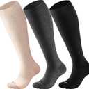 Cotton Compression Socks for Women&Men 15-20mmHg Knee High Cute Support Sock for Nurses, Pregnant Women, Travel (Large-X-Large, 3 Pairs-black&wheat&dark Grey)