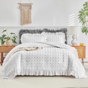 Tufted Dots Ruffle Comforter Set Full/Queen Size, 3 Pieces White Vintage Farmhouse Shabby Chic Comforters, Jacquard Boho Bohemian Bedding Set for All Season (1 Ruffled Comforter+ 2 Pillow Shams)