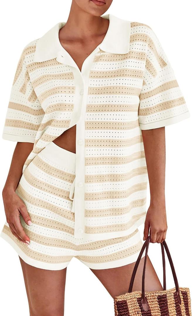PRETTYGARDEN Women's 2 Piece Shorts Sets Casual Summer 2025 Short Sleeve Striped Sweater Set Matching Beach Vacation Outfit (XL)