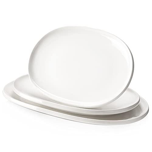 DOWAN Large Serving Platter, 16"/14"/12" Porcelain Platters for Entertaining Wedding Party, White Oval Plates Set of 3, Serving Dishes for Serving Food, Housewarming Gifts Side Is Chipped