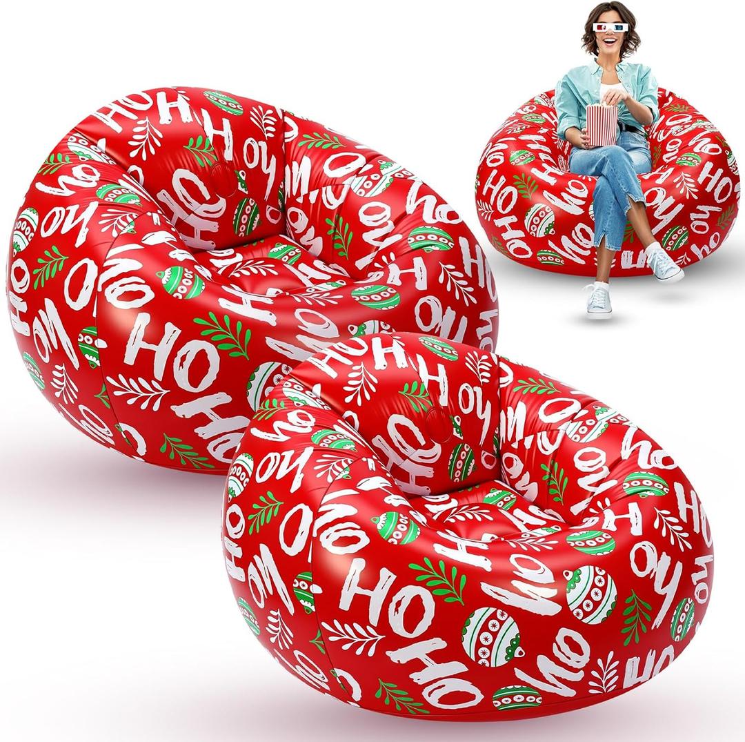 Lunmon 2 Pcs Christmas Blow up Chairs Red Inflatable Bean Bag Couch Pine Needles Chair Xmas Portable Lazy Sofa Seat Game Couch for Winter Camping Balcony Living Bedroom Reading