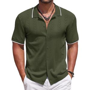COOFANDY Mens Knit Polo Shirts Button Down Short Sleeve Shirt Summer Casual Beach Vacation Tops (X-Large, Army Green)