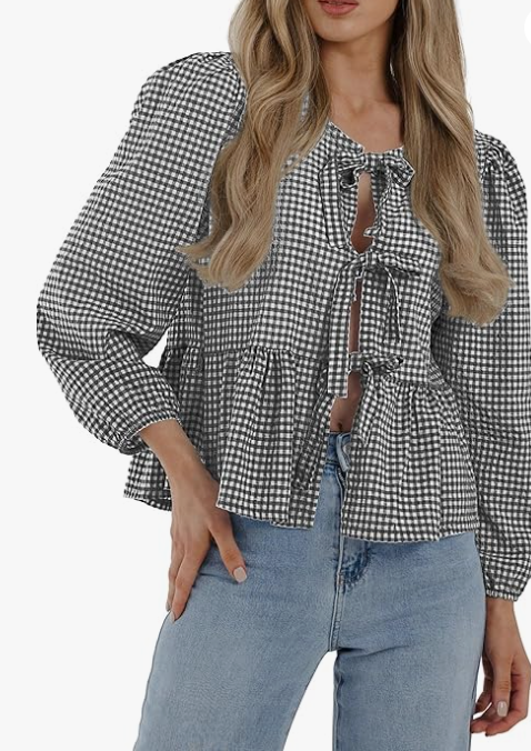 PRETTYGARDEN Women's Spring Fall Babydoll Peplum Blouse Shirt Puff Long Sleeve Bow Tie Front Trendy Cute Y2K Going Out Tops, L