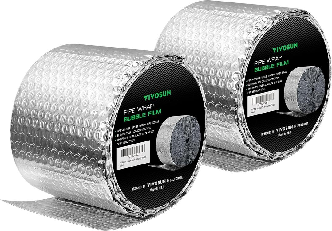 VIVOSUN 2-Pack Double Bubble Foil Insulation Roll, 6" x 25 ft Reflective HVAC Pipe & Duct Wrap, Weatherproof Thermal Insulation for Attics, Windows, Garages