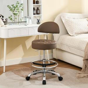 FIRAVOE Salon Chair for Hair Stylist (Adjustable Height 20-27 inch) (Stool with Quiet Wheels and Foot Rest) Ergonomic Guitar Stool for Long Sessions (Coffee Brown), With Back & Footrest