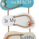 Juvale Wooden Beach Wall Hanging Decor Sign, Flip Flop Coastal Decorations for Home, Bathroom, Living Room, Bedroom and Dining Room, The Beach is My Happy Place (8.7x20.9 In)