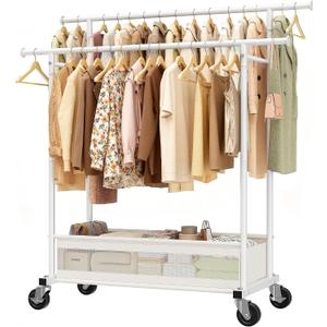 Clothes Rack 210 LBS Double Rods Extra Storage Basket | Rustproof Coated Steel, Anti-bending Design, 360 Sturdy Wheels, 10-Min Tool-Free Assembly, Metal Garment Rack for Home
