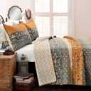 Lush Decor Royal Empire Reversible Cotton Quilt Set, 3 Piece Set King, Yellow & Gray - Striped Bedding Set - Floral Quilt King Size - Boho Decor