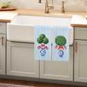 Blue Chinoiserie Topiary Patriotic Kitchen Towels, Patriotic Hand Dish Tea Towel for Kitchen, 4th of July Independence Day Striped Decorative Hand Towel for Bathroom 16x24inch, Set of 2