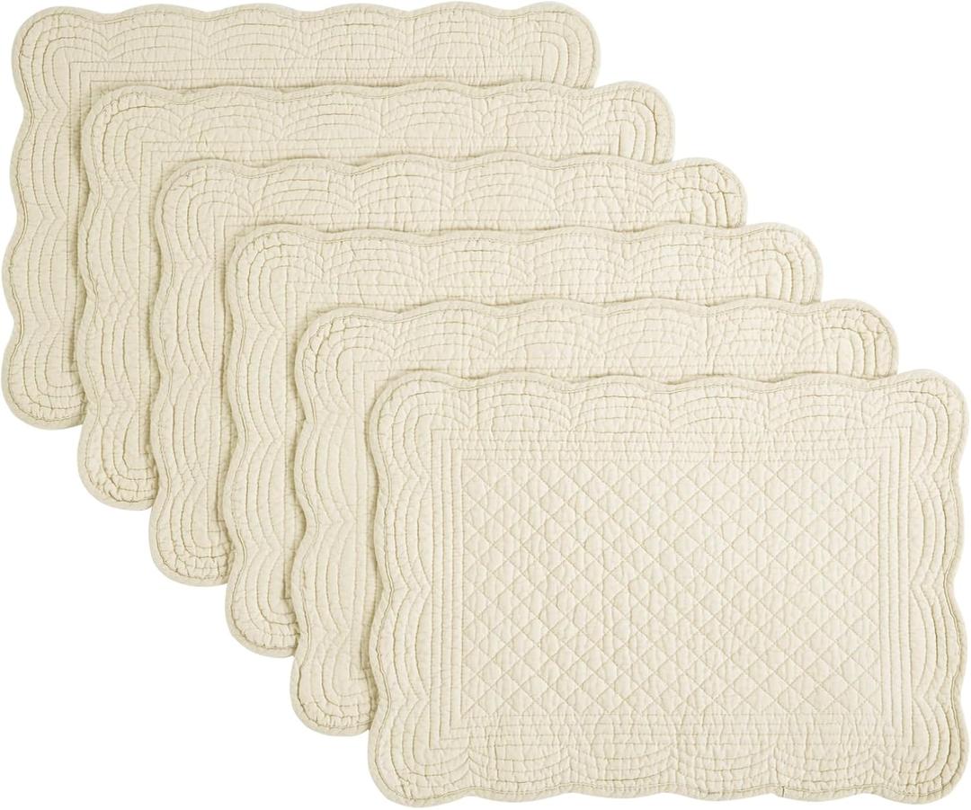 HOMBYS Quilted Placemats Set of 6 Washable-13x18 inches Rectangular Placemats for Kitchen Table-100% Cotton Fabric Rectangular Table Mats, (Flax)