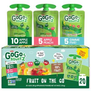 GoGo squeeZ Applesauce and Fruit Puree Variety Pack, Apple, Peach & Gimme Five!, 3.2 oz (Pack of 20), Unsweetened Fruit Snacks for Kids, Gluten Free, Nut Free and Dairy Free, BPA Free Pouches