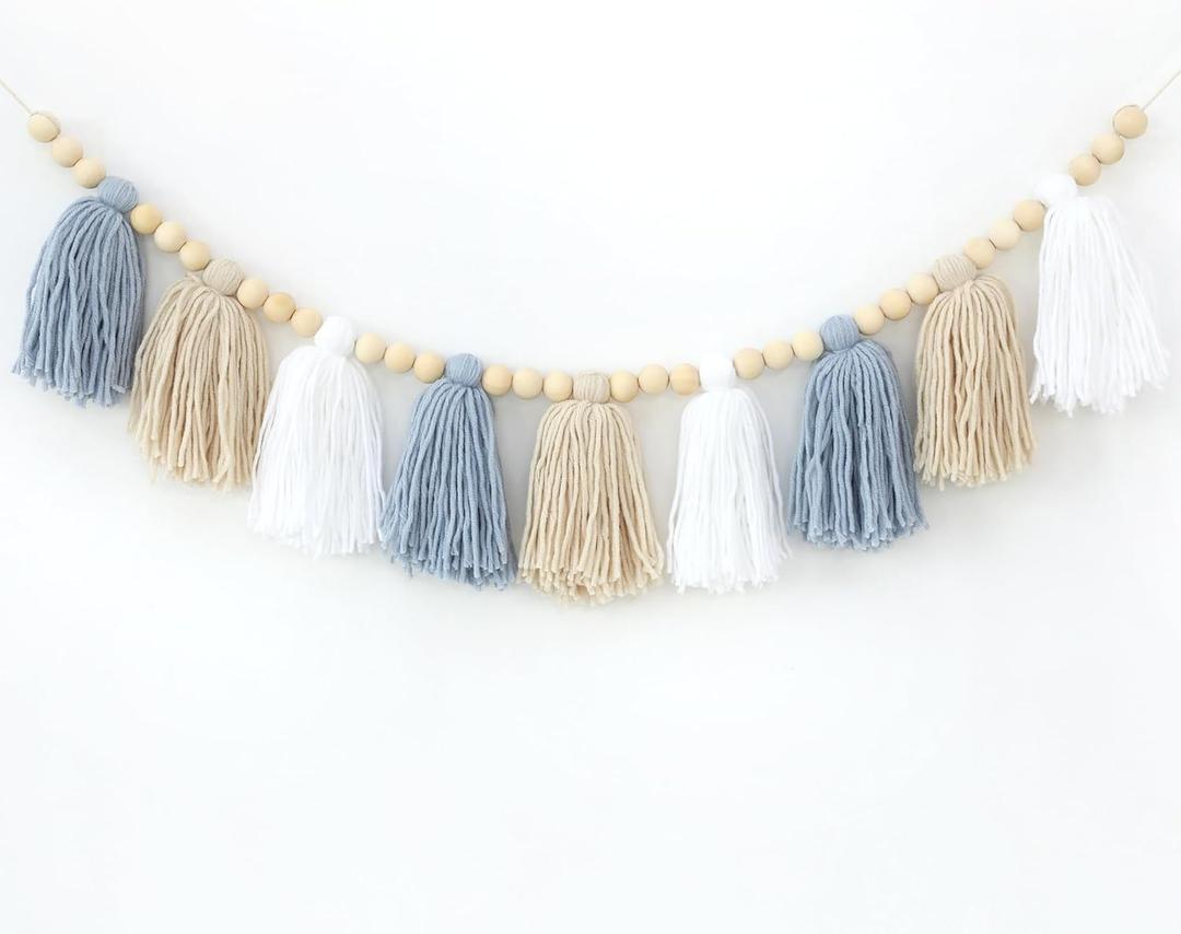 Boho Yarn Tassel Garland with Wood Beads Blue Banner Wall Hanging for Classroom Back to School Kids Bedroom Nursery Baby Shower Decor